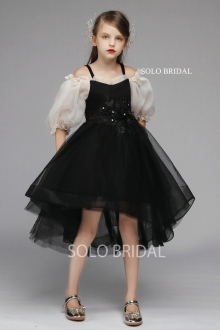 black satin a line flower girl dress with bows 5D7A6624